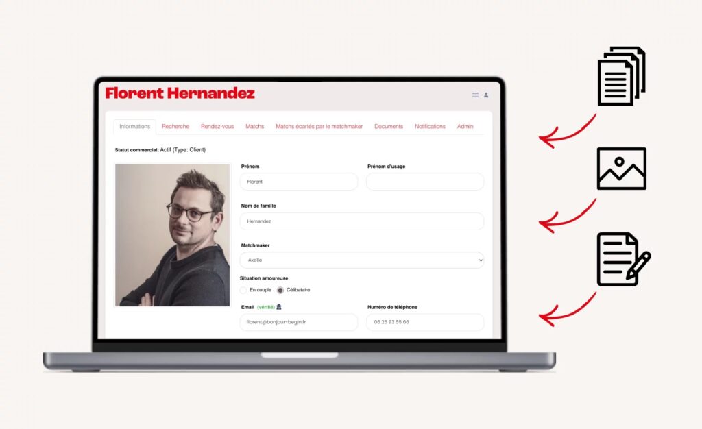 Fiche client dans le CRM Begin Pro
